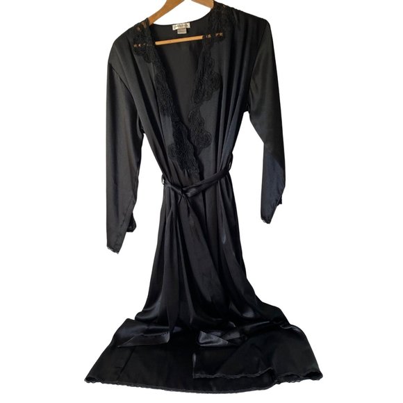 Jones New York lace trim robe black maxi polyester vintage XS/S